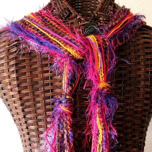 Purple Pink Gold String Scarf 74" Winter Strands Yarn WashDry OOAK Handmade